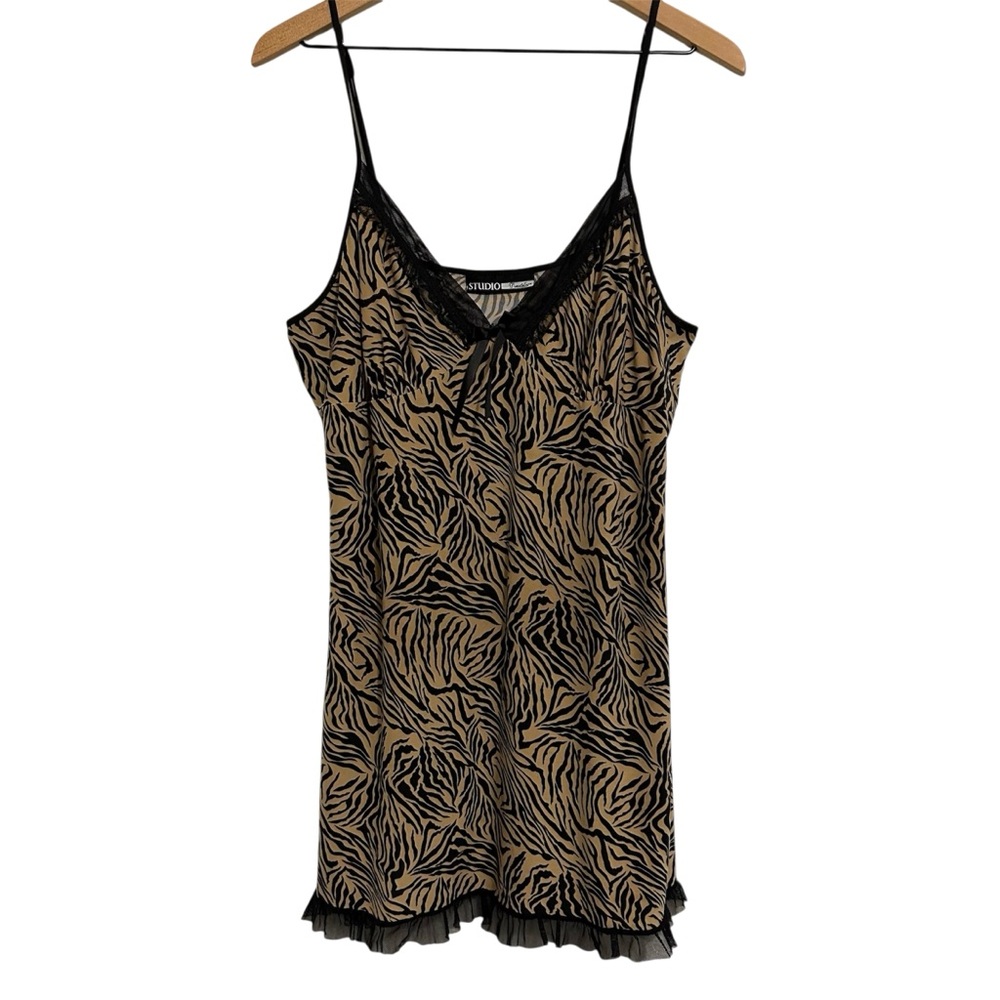Studio Donatella Zebra Print Lace Trim Slip Mini Dress size Medium